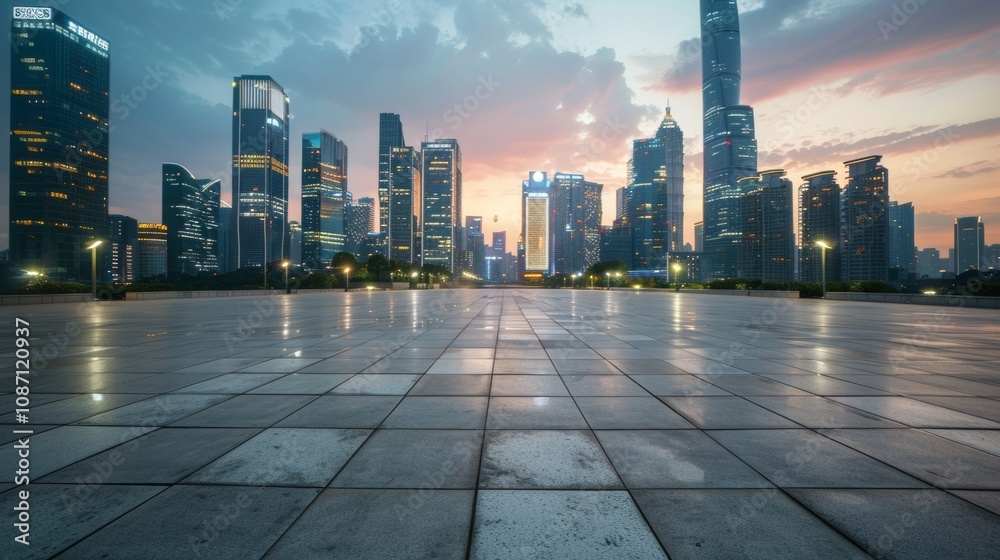 Empty square floor with city skyline background, Dynamic urban synergy, vibrant cityscape vista Empty square floor with city skyline background, Dynamic urban synergy, vibrant cityscape vista