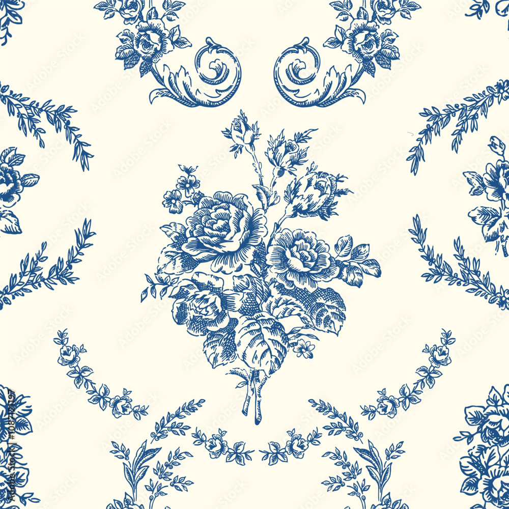 Toile de jouy pattern. Vector floral seamless pattern with roses in blue color.