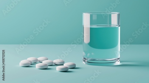 Pack of aspirin and glass of water, home remedy for headache, 3D illustration photo