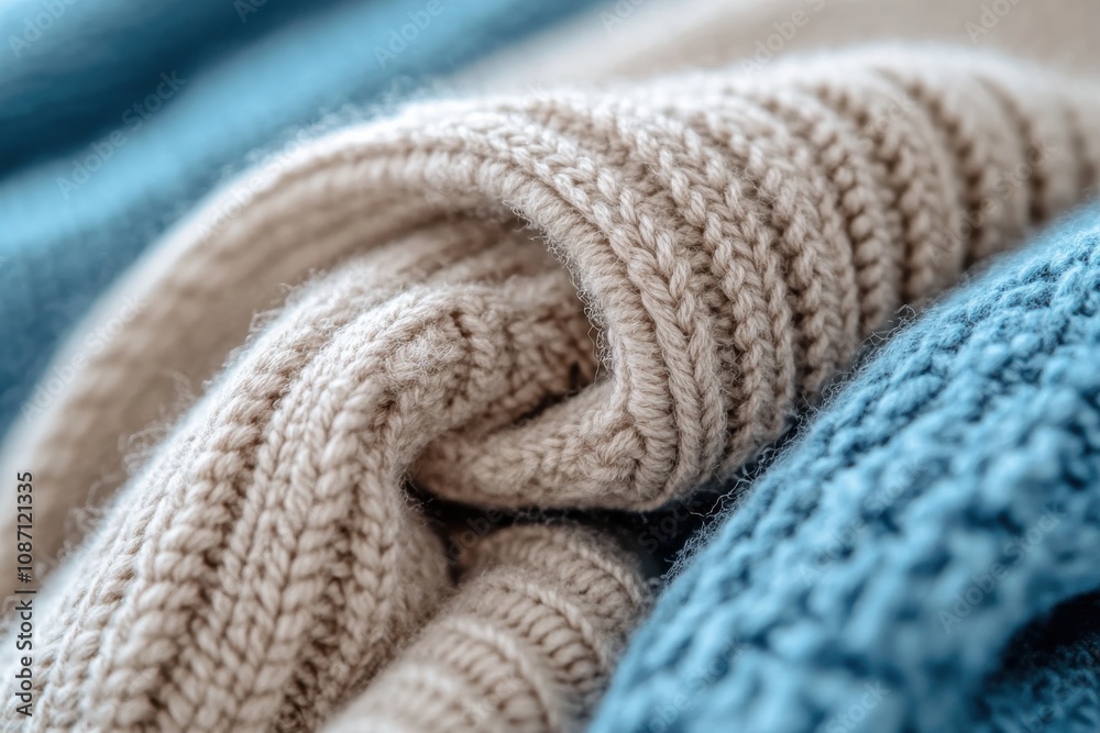 This image captures a tightly knit beige fabric, artistically intertwined with blue fabric, showcasing intricate knitting details and a contrasting color scheme. This image captures a tightly knit beige fabric, artistically intertwined with blue fabric, showcasing intricate knitting details and a contrasting color scheme.
