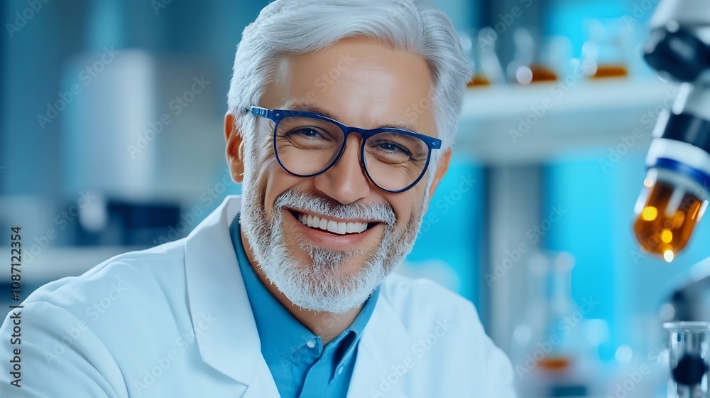 Smiling Senior Scientist in Lab Coat Symbolizes Research and Innovation Concept Smiling Senior Scientist in Lab Coat Symbolizes Research and Innovation Concept