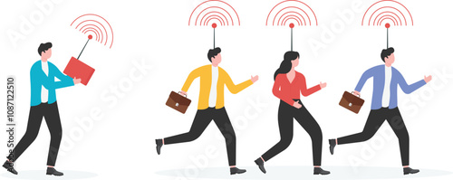 manager holding a remote control a row of businessmen within signal range

