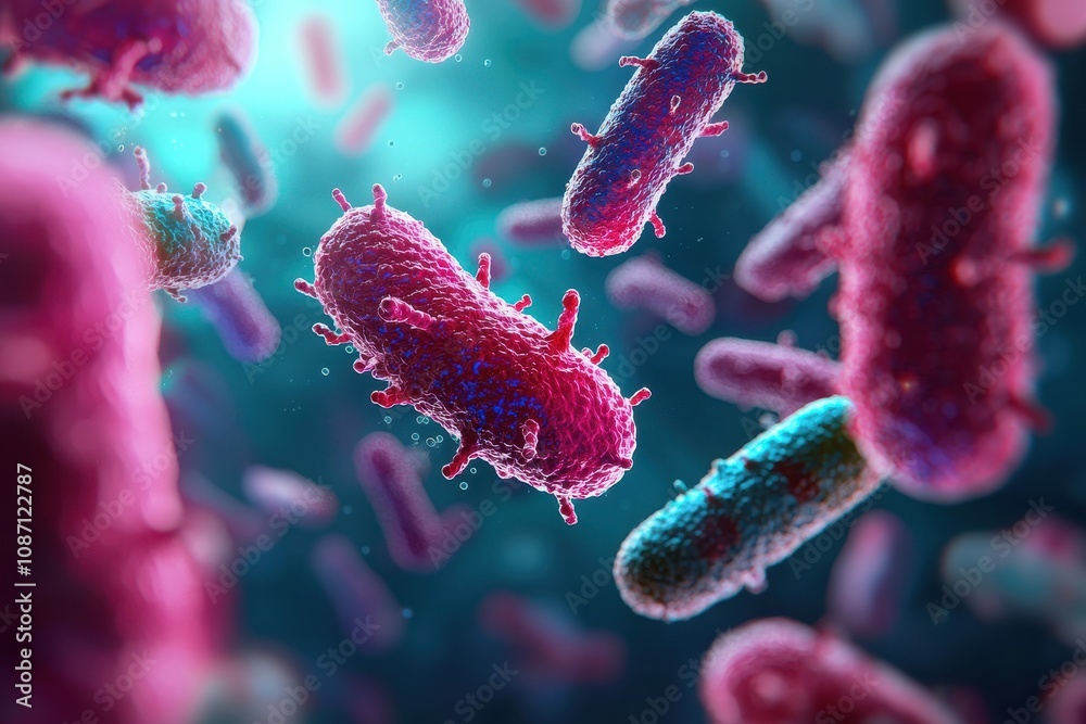 Bacterial and viral cells in a competitive battle, infection scenario, 3D illustration Bacterial and viral cells in a competitive battle, infection scenario, 3D illustration
