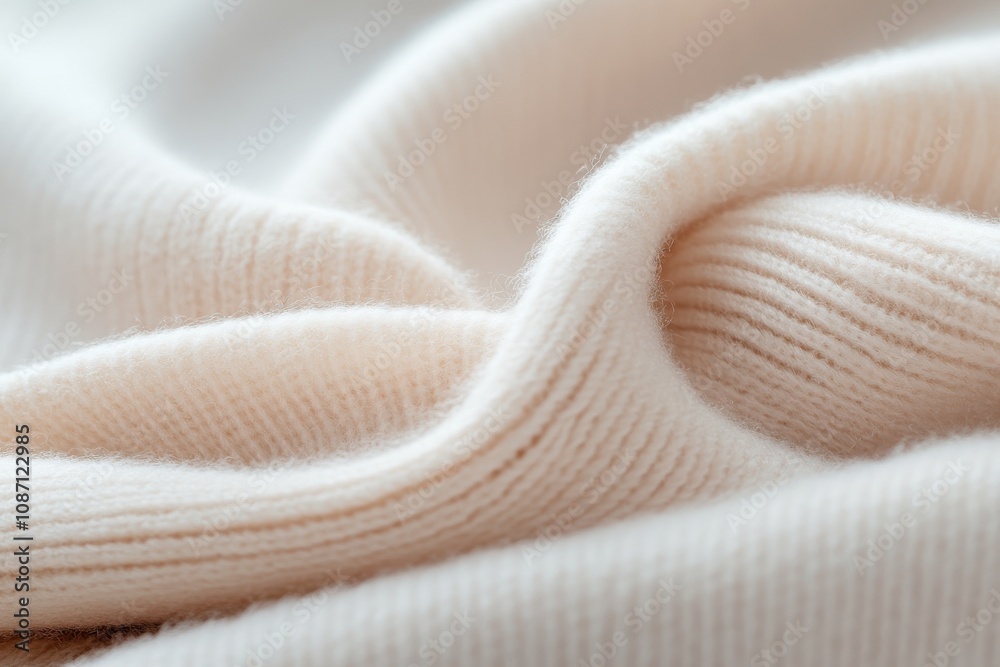 A close and detailed look at a softly arranged woolen knit fabric in beige, perfectly capturing its luxurious texture and warmth, ideal for cozy settings. A close and detailed look at a softly arranged woolen knit fabric in beige, perfectly capturing its luxurious texture and warmth, ideal for cozy settings.