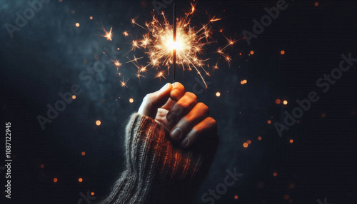 Sparkler in human hand on dark background. Hand holding burning sparkler. Holiday concept.