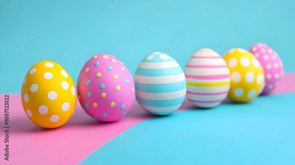 Five Easter Eggs with Polka Dots and Stripes Patterned Decorated on a Blue and Pink Background Five Easter Eggs with Polka Dots and Stripes Patterned Decorated on a Blue and Pink Background