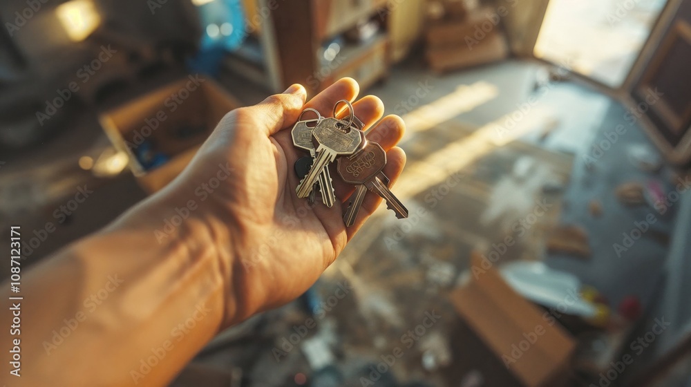 Obraz premium A hand holding house keys against a blurred backdrop of a sunny, messy room. A symbolic image of new beginnings, moving, or real estate concepts