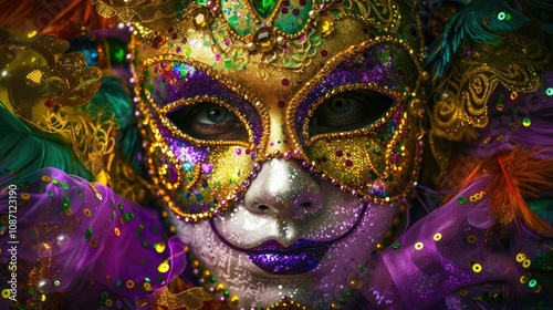 Mardi Gras, close-up portrait of a woman in a golden carnival mask and colorful costume decorated with feathers and beads, charming mystical lady, glitter and radiance