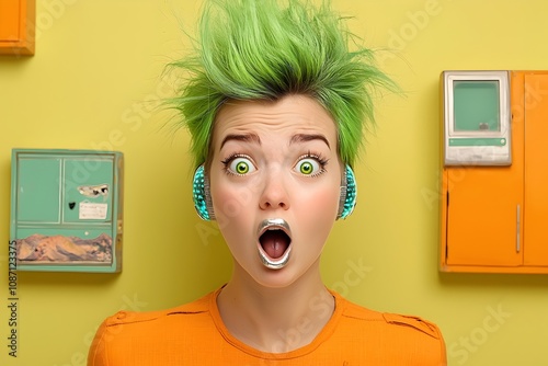 Retro pop art woman with a shocked expression neon green mohawk bold metallic silver lipstick retrofitted bioluminescent implants glitch distortions photo