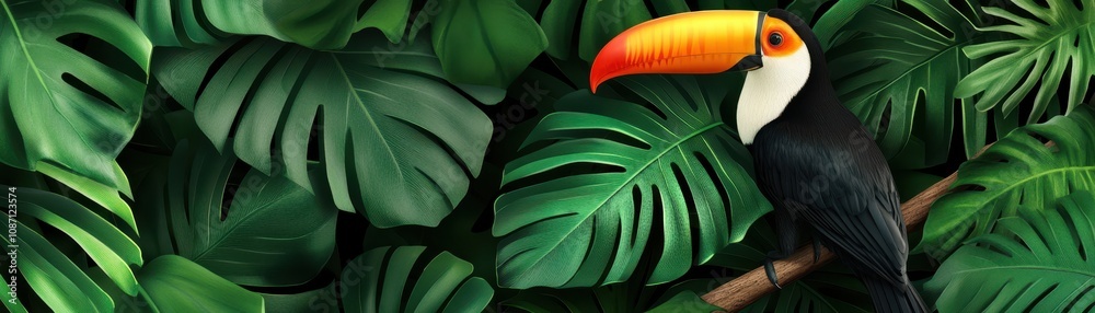 Obraz premium Lush tropical scene featuring a bright toucan perched on a vibrant green branch amidst abundant foliage.