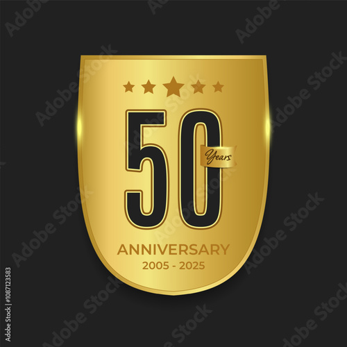 Design golden shield with numeric dates for 50th anniversary celebration on a black background