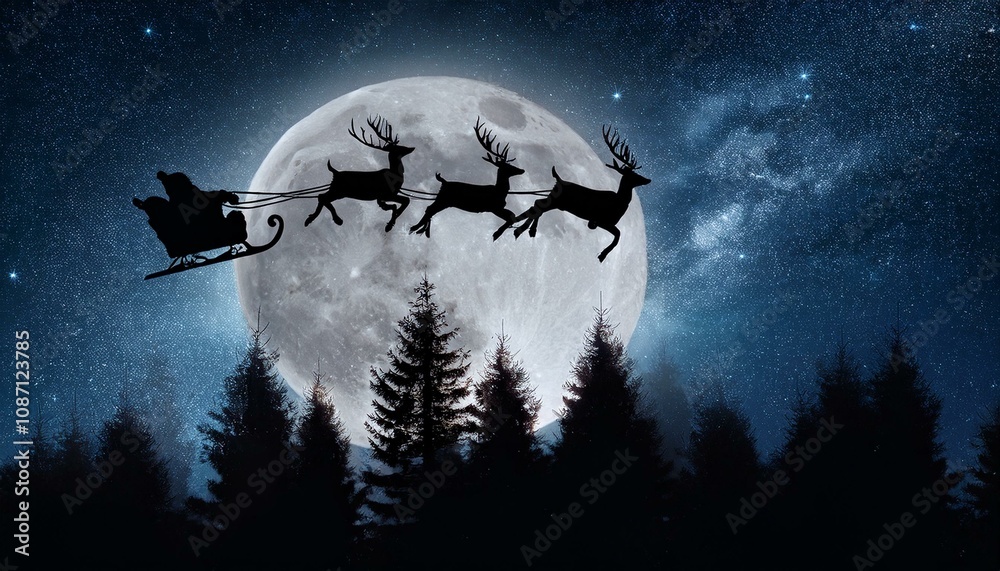 Fototapeta premium A silhouette of reindeer flying with Santa Claus in a sleigh against a full moon and starry sky over a forest of pine trees 
