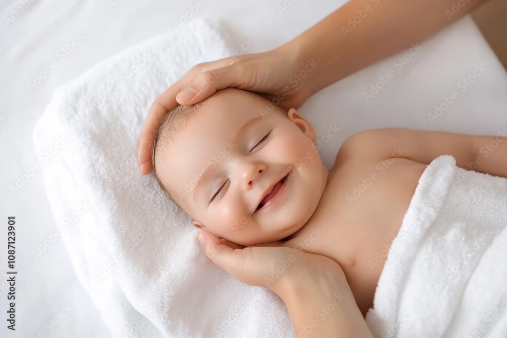 Peaceful baby nestled in a towel, sleeping contently with a gentle hand on their head, evoking serenity and tender care. Peaceful baby nestled in a towel, sleeping contently with a gentle hand on their head, evoking serenity and tender care.
