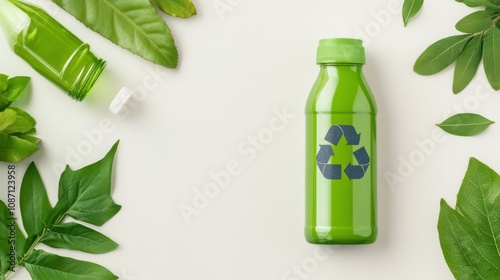 Wallpaper Mural A green bottle with a recycling symbol on it sits on a table next to some leaves Torontodigital.ca