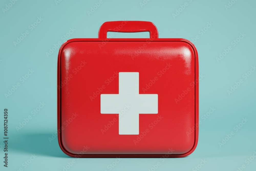 Portable emergency first aid kit with thermometer and bandages, 3D illustration Portable emergency first aid kit with thermometer and bandages, 3D illustration