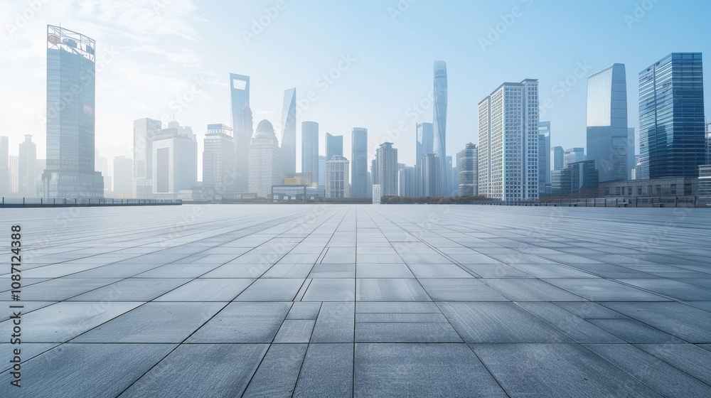 Empty square floor with city skyline background, Eclectic cityscape mosaic, mosaic-style composition