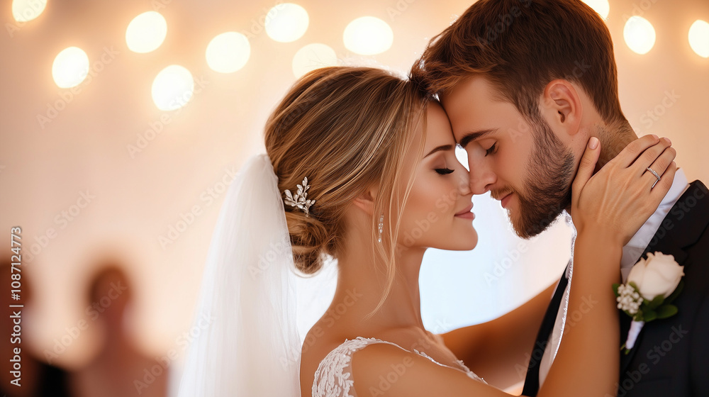 Fototapeta premium A bride and groom are dancing together, with the bride wearing a white veil