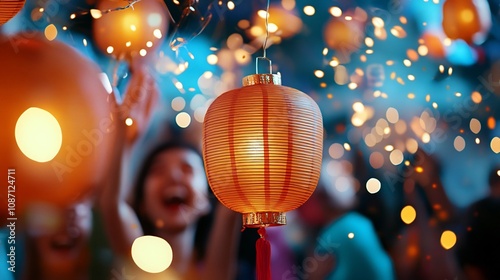 Festive Gathering with Glowing Lanterns and Joyful photo