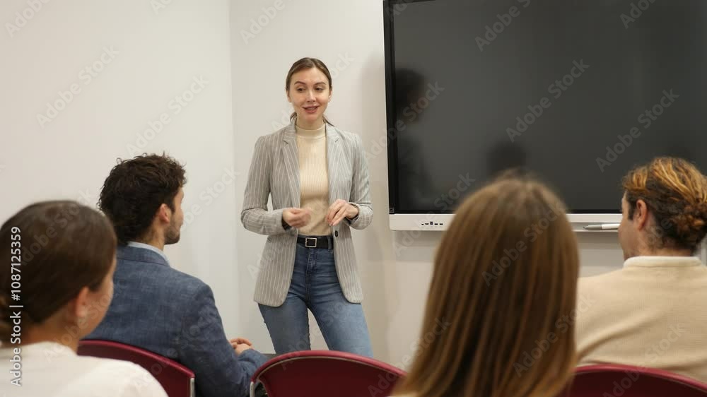 Knowledgeable female professor explaining subject to classroom full of students Knowledgeable female professor explaining subject to classroom full of students