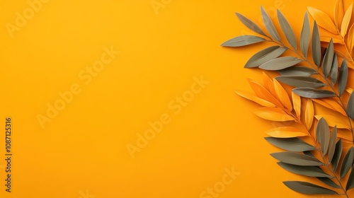 Vibrant orange background with green and orange leaves arrangement.