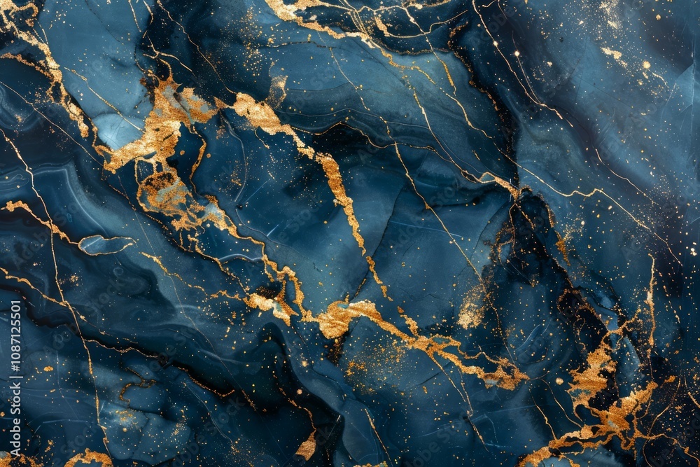 Fototapeta premium Image of Navy blue dark marble pattern with golden veins. Texture for background usage
