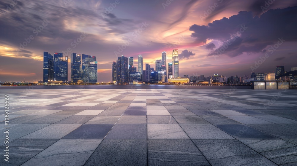 Obraz premium Empty square floor with city skyline background, Modern urban symphony, dynamic cityscape vista