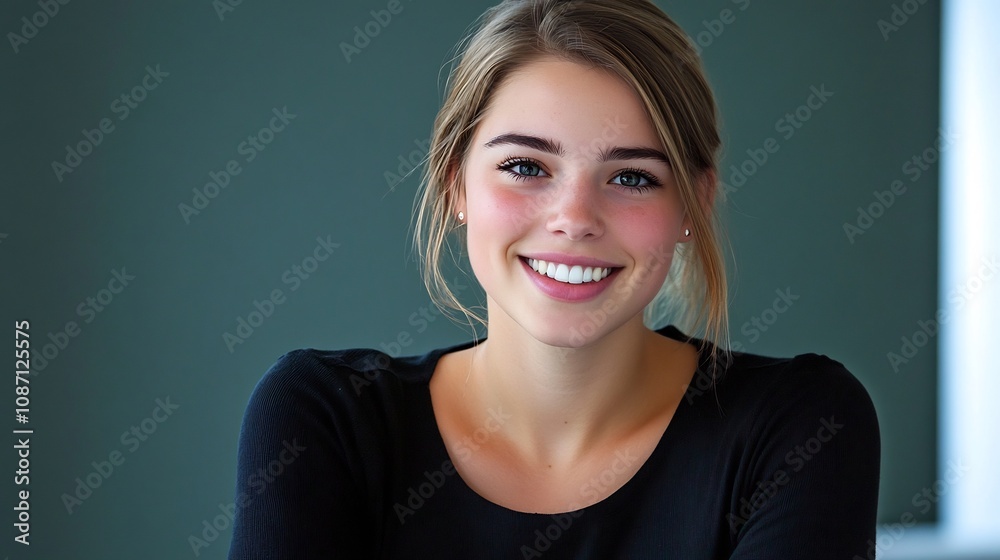 Fototapeta premium Confident Young Woman Posing with Relaxed Smile at Her Workplace