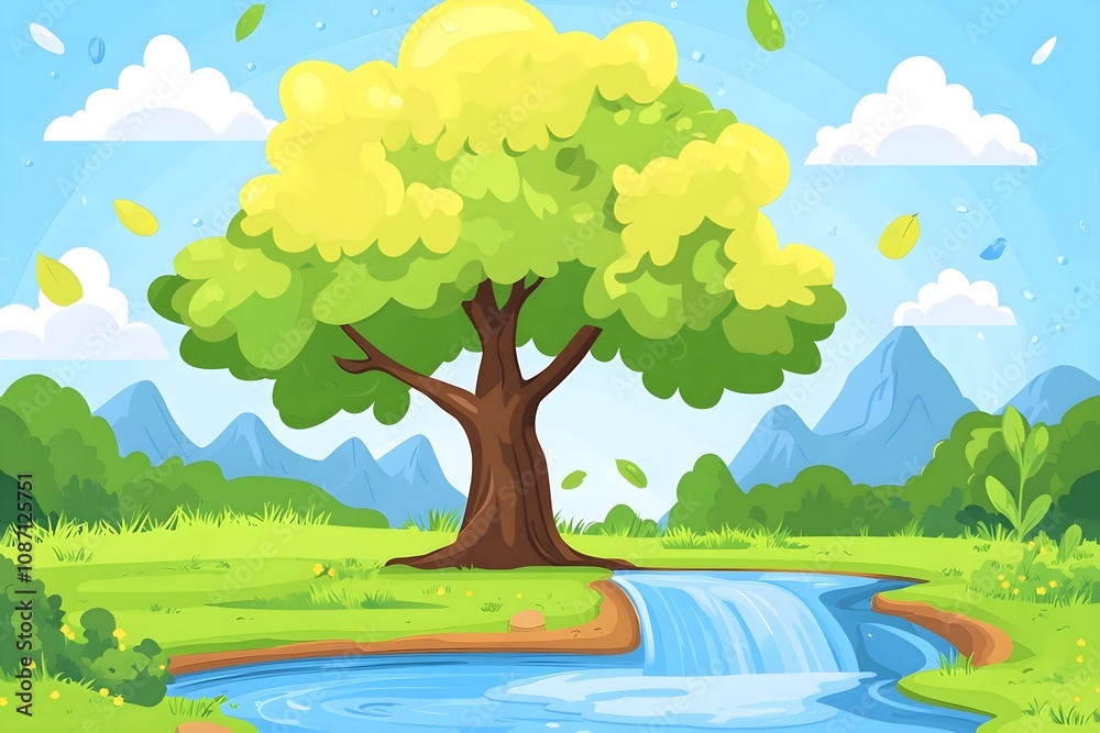 Naklejka premium Beautiful landscape vector illustration of mountains, forests, fields and meadows. Stunning panoramic farm landscape with mountains in the background. Natural landscape