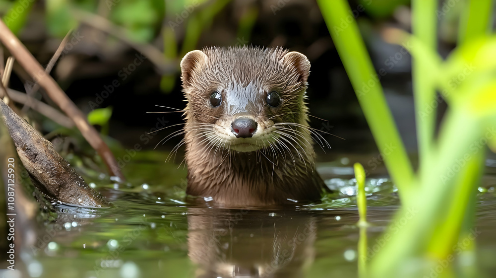 A Curious Otter Peeking Through the Lush Green Vegetation of a Pond, Its Dark Brown Fur Gleaming in the Sunlight A Curious Otter Peeking Through the Lush Green Vegetation of a Pond, Its Dark Brown Fur Gleaming in the Sunlight