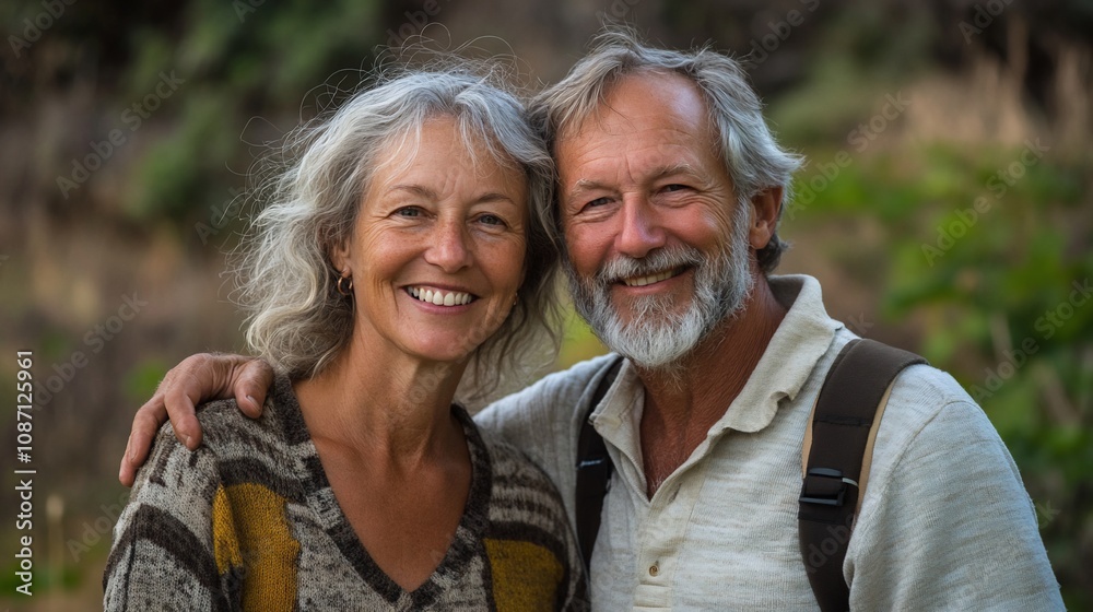 Happy senior couple smiling at camera with arms around each other outdoors.