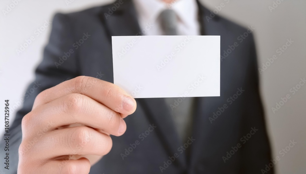 Hand holds a blank white name card in a professional setting Hand holds a blank white name card in a professional setting