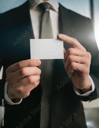  Hand holds a blank white name card in a professional setting  photo