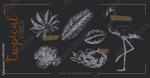 Tropical flowers and flamingo with photocopy effect.