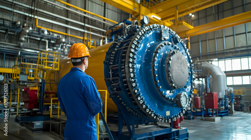 Industrial Worker Observing Large Blue Industrial Machinery in a Factory Setting