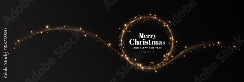 Gold light circle with with glittering dust and shimmery particles. 2025 Happy New Year and Merry Christmas Abstract shiny color gold wave design element	
