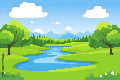 Beautiful landscape vector illustration of mountains, forests, fields and meadows. Stunning panoramic farm landscape with mountains in the background. Natural landscape photo