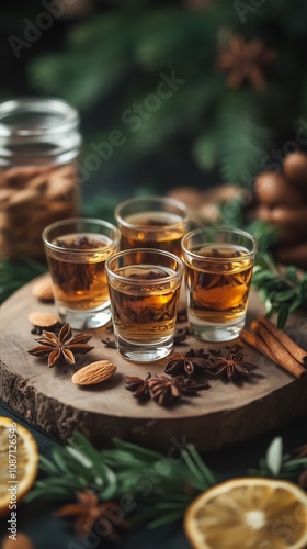 A elegant arrangement of herbal liqueur shots on a wooden tray surrounded by fresh herbs, dried citrus slices, star anise, cinnamon sticks, almonds and other natural spices. Rustic, Natural Aesthetic.