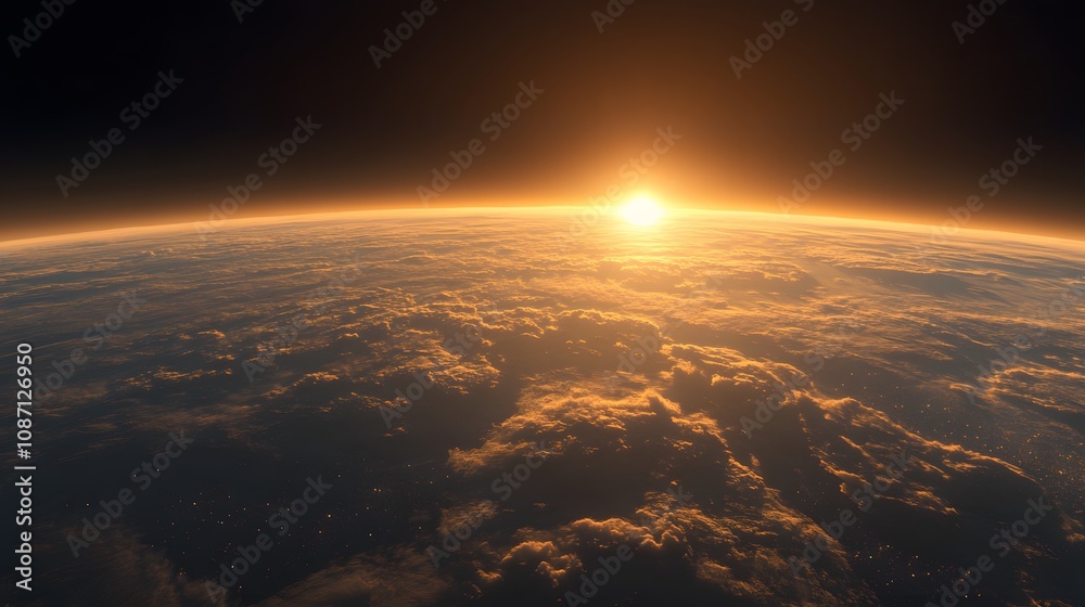 Earth viewed from space during sunrise, showing atmospheric glow, sunbeams through clouds, city lights, and dramatic orbital perspective of planet surface. Earth viewed from space during sunrise, showing atmospheric glow, sunbeams through clouds, city lights, and dramatic orbital perspective of planet surface.