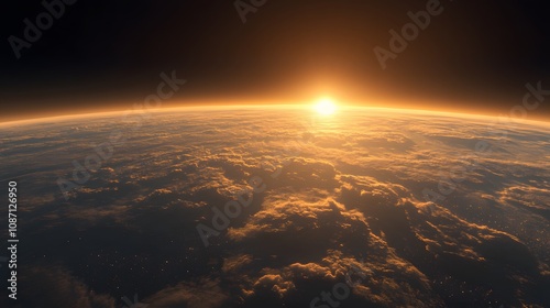 Earth viewed from space during sunrise, showing atmospheric glow, sunbeams through clouds, city lights, and dramatic orbital perspective of planet surface.