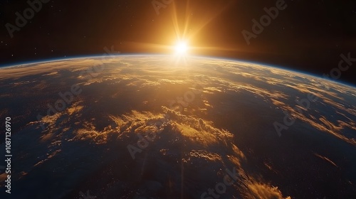 Earth viewed from space during sunrise, showing atmospheric glow, sunbeams through clouds, city lights, and dramatic orbital perspective of planet surface. photo