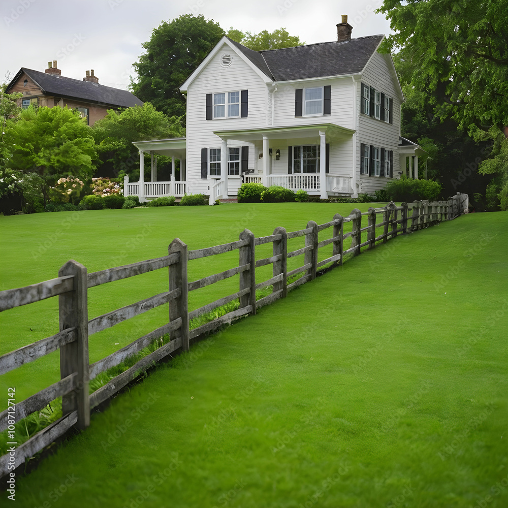 Beautiful shot of a fence leading to a house in a green grass area Beautiful shot of a fence leading to a house in a green grass area