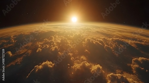 Earth viewed from space during sunrise, showing atmospheric glow, sunbeams through clouds, city lights, and dramatic orbital perspective of planet surface. photo