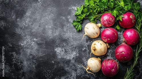 A rustic flat-lay of mixed root vegetables including parsnips and turnips with fresh parsley and rosemary sprigs artfully placed around with side empty space for text Stockphoto style