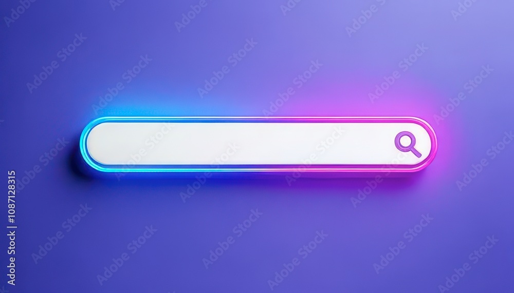 Minimalist search engine concept. Neon search bar on a purple background with glowing edges. Minimalist search engine concept. Neon search bar on a purple background with glowing edges.