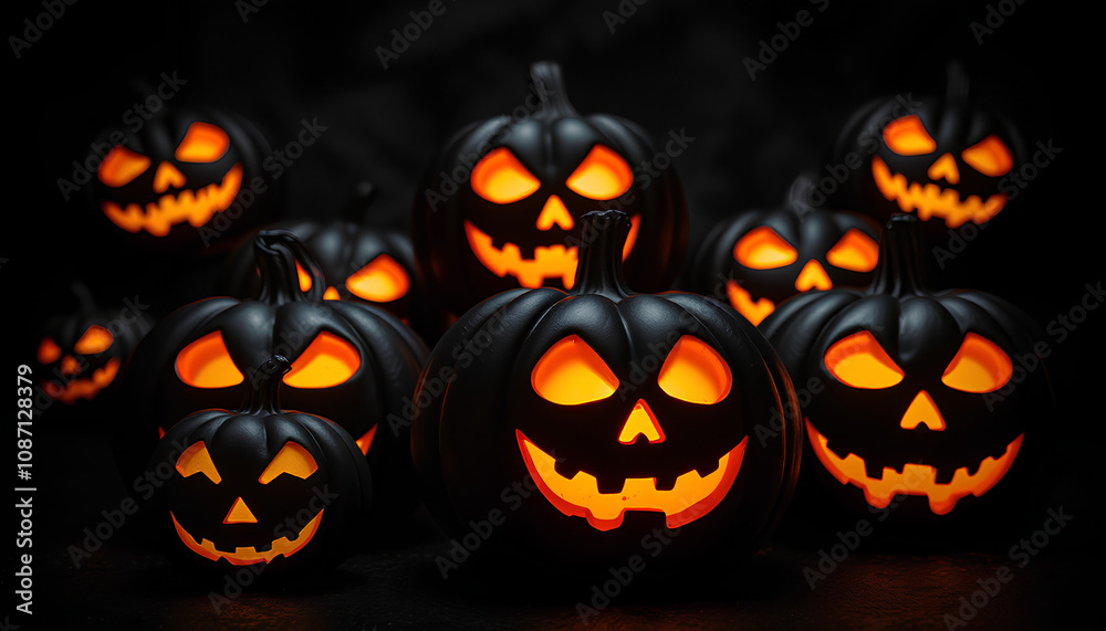 Black pumpkins with glowing faces on dark background. Spooky and dramatic design perfect for Halloween themes and decorations.
Black pumpkins with glowing faces on dark background. Spooky and dramatic design perfect for Halloween themes and decorations.