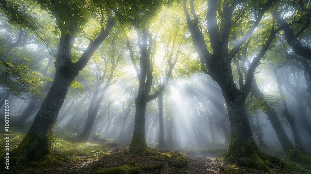 Fototapeta premium Mystical Forest: Light Filtering Through Towering Trees