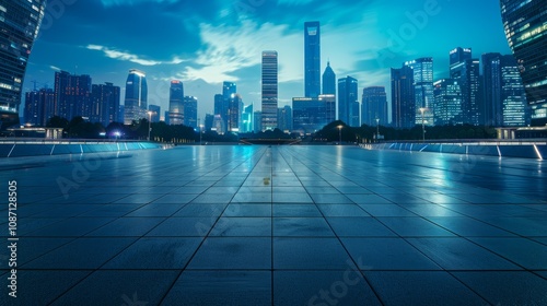 Fototapeta Naklejka Na Ścianę i Meble -  Empty square floor with city skyline background, Futuristic cityscape allure, sleek cityscape vista