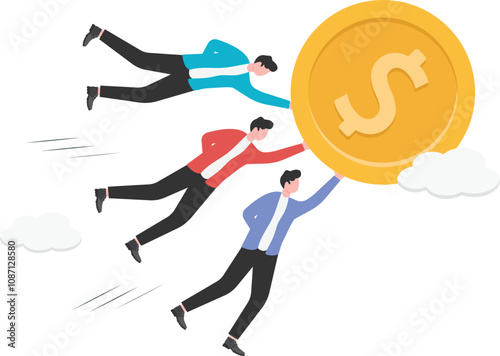 Two businessmen holding gold coins to take off
