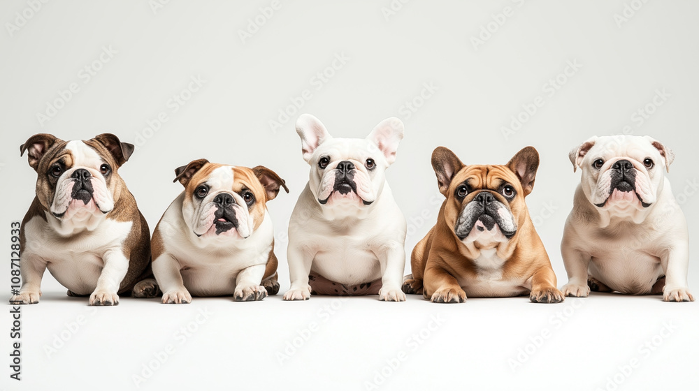 Obraz premium Group of five English and French Bulldogs sitting side by side on a white background, displaying various coat colors.
