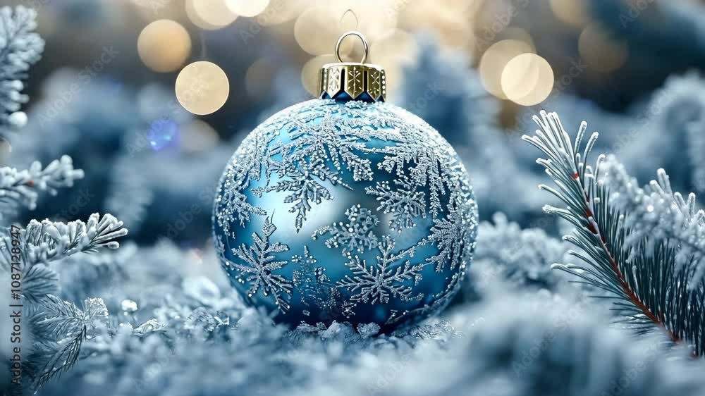 Close-up of a frosted Christmas ornament, with delicate ice crystals and reflective surface creating a festive texture. . 4K Video Close-up of a frosted Christmas ornament, with delicate ice crystals and reflective surface creating a festive texture. . 4K Video